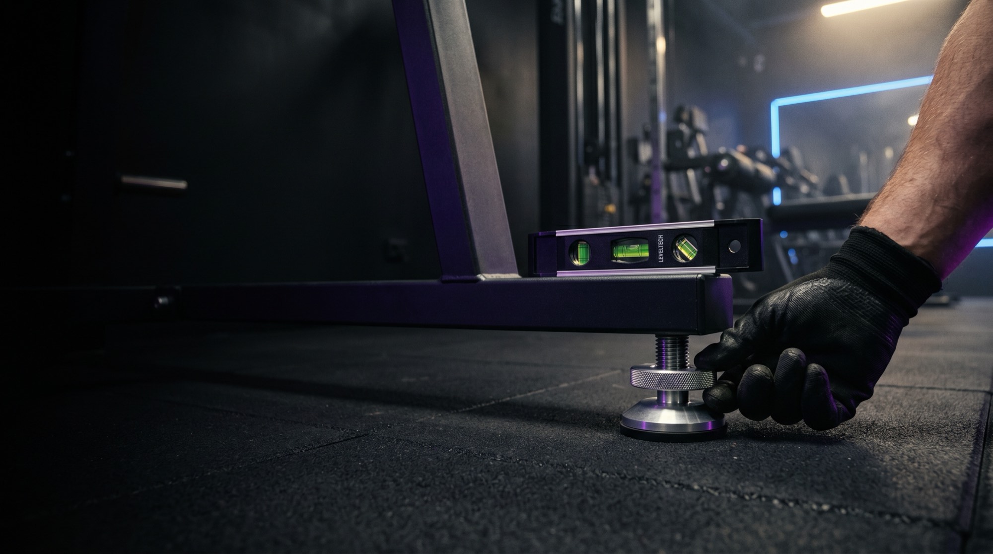 Technician levelling a newly installed commercial machine